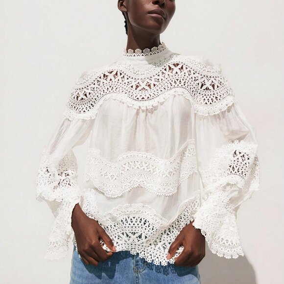 White Elegant Women's Patchwork Top - Picture 3 of 9